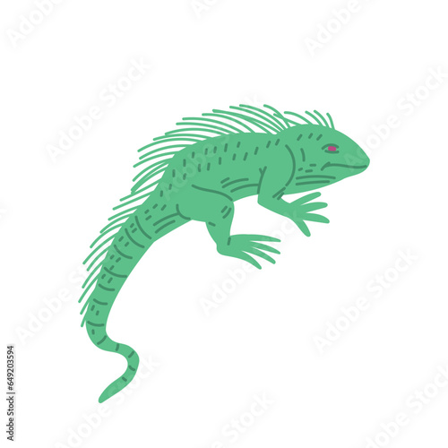 Green guana  hand drawn lizard character  side view isolated  childish flat pet reptile animal  exotic crawling mammal