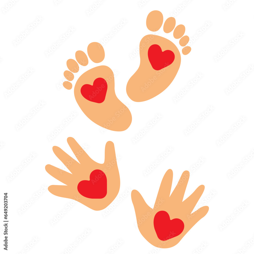 Baby foot and hand print with heart, vector art illustarion. Baby foot and hand print with heart, vector art illustarion.