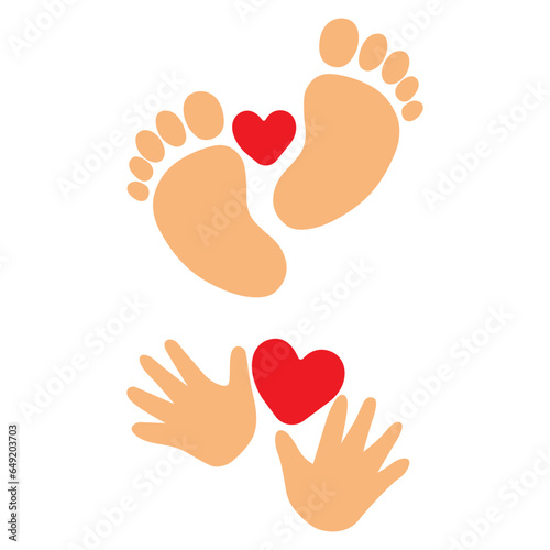 Baby foot and hand print with heart, vector art illustarion.