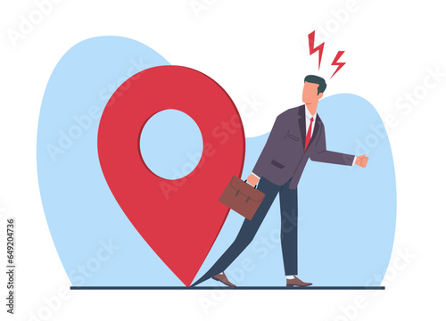Businessman, manager, or employee chained to place, office work, job dependence. Huge red map pin. Male workaholic character, hard worker. Cartoon flat style isolated vector concept