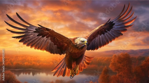 Beautiful eagle flying in the mountains at sunset 