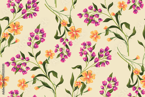 Seamless floral pattern, abstract ditsy print with vintage wildflowers branches. Elegant botanical design: hand drawn small flowers, branches, large leaves on a light background. Vector illustration.