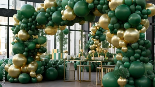 Wedding arch decorated with green and golden balloons. Wedding decor