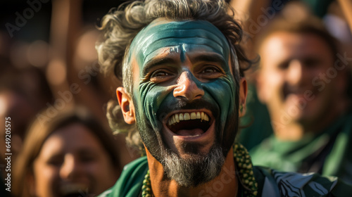 Vibrant Saudi soccer fan with face paint, cheering amidst sea of fans portraying unity, excitement and passion. Manifestation of loyalty, national pride and celebration.