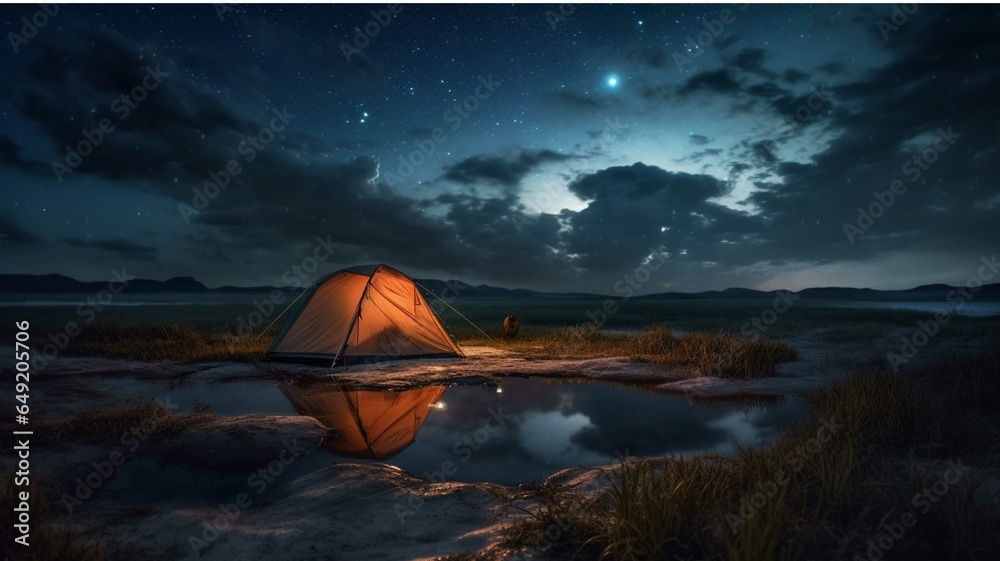Tent on the lake in the mountains at night 3d rendering
