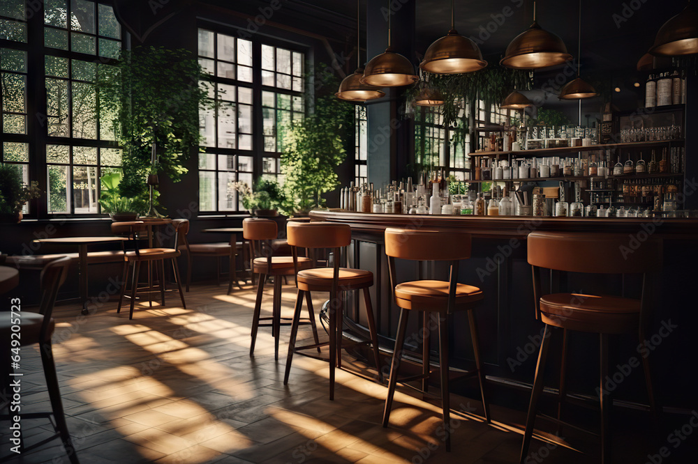 Captivating Interiors of a Modern Vintage Café Bar with a View of Lush Greenery Outside. created with Generative AI