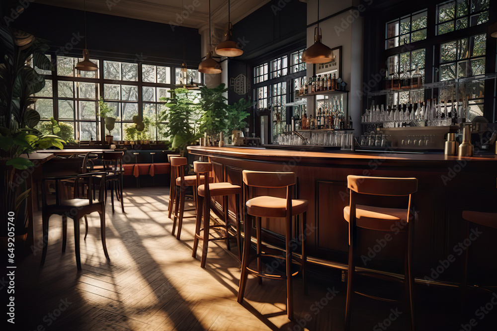 Captivating Interiors of a Modern Vintage Café Bar with a View of Lush Greenery Outside. created with Generative AI