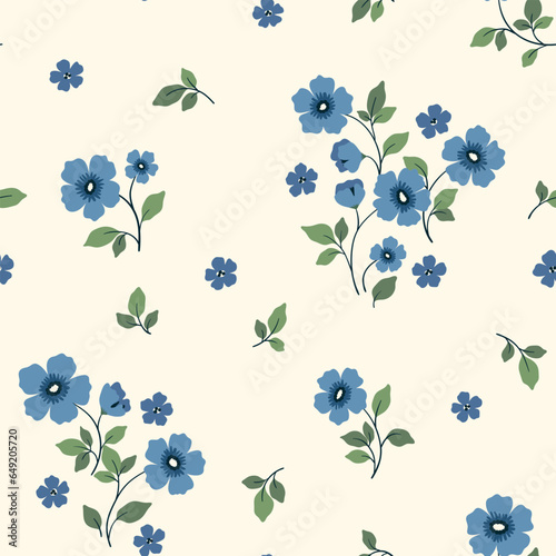 Seamless floral pattern, liberty ditsy print with a romantic rustic motif. Pretty botanical design, ornament: small hand drawn blue flowers on branches, leaves on white background. Vector illustration