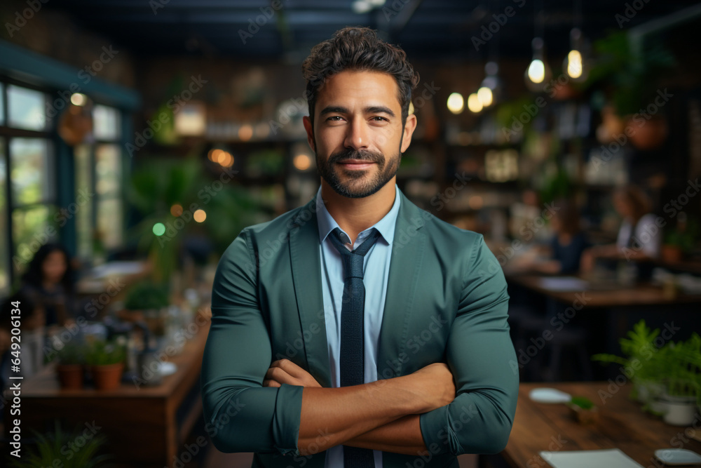 Fototapeta premium Handsome indian male office employee standing with his arms crossed, looking at the camera and laughs made with AI