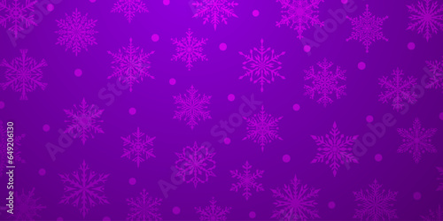 Christmas background of beautiful complex snowflakes in purple colors. Winter illustration with falling snow