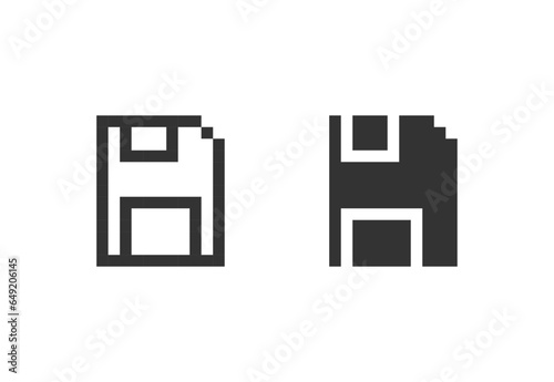 Save file pixel icon. Diskette pixelated sign. Floppy disc or download symbols.