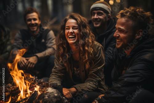 Joyous group of millennials laughing and bonding around a campfire made with AI