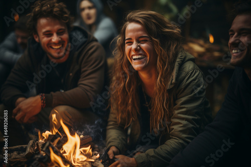 Joyous group of millennials laughing and bonding around a campfire made with AI