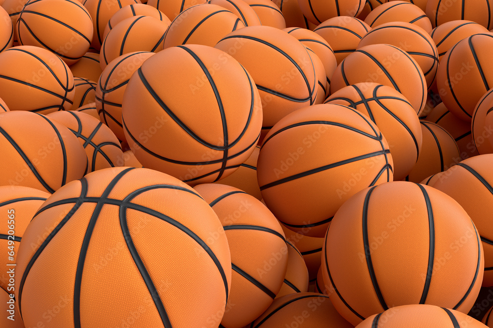 Many of flying orange basketball ball falling on blue background Many of flying orange basketball ball falling on blue background