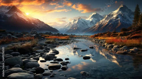 beautiful view of snowy mountains with rocky river. A beautiful sunrise illuminates the mountain valley with savanna fields