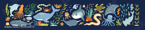 Cute sea animals set. Ocean fishes, algae, underwater plants. Happy marine fauna characters, narwhal, dolphin, jellyfish, octopus. Kawaii undersea mammals. Isolated flat graphic vector illustrations