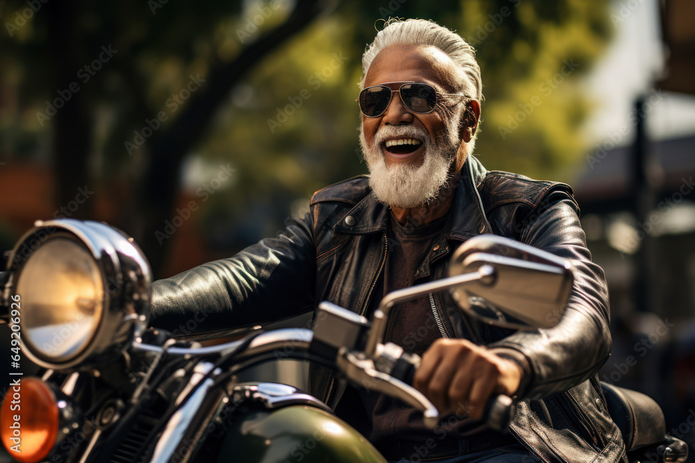 A senior hipster, aged around 72, wearing a vintage leather motorcycle jacket and aviator sunglasses, straddling a retro motorcycle in an urban environment. Generative Ai