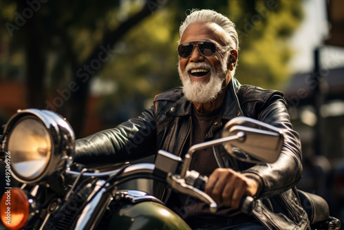 A senior hipster, aged around 72, wearing a vintage leather motorcycle jacket and aviator sunglasses, straddling a retro motorcycle in an urban environment. Generative Ai