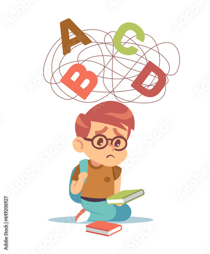 Concept of dyslexia, young boy has learning difficulties. Little child try to read, flying messed letters above. Disorder and understanding problem. Vector cartoon flat isolated illustration