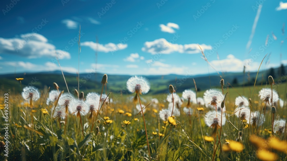 Beautiful meadow field with yellow dandelion flowers, blue sky and charming clouds with blur conditions in summer
