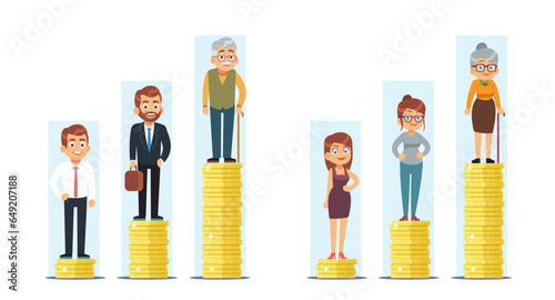 Concept of pension savings. People standing on stack of coins. Young and old people money earnings. Smart retired. Accumulation income, successful invests finance. Vector cartoon illustration