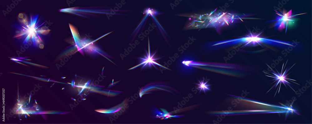 A big set of light effects of abstract refractive glow and glare with rainbow colors. Transparent refractive elements reflecting the rainbow crystal. Vector illustration.	