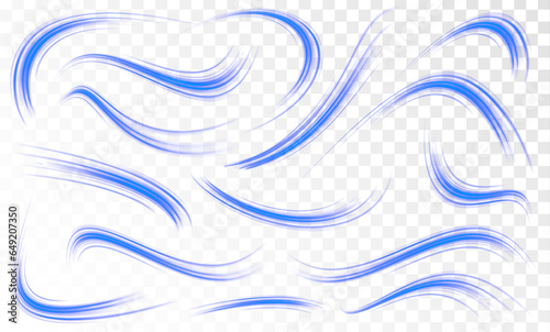 Wavy transparent curved lines in the form of the movement of sound waves in a set of different shapes of whirlpool, twist, spiral. Blue stripes in the form of drill, turns and swirl.