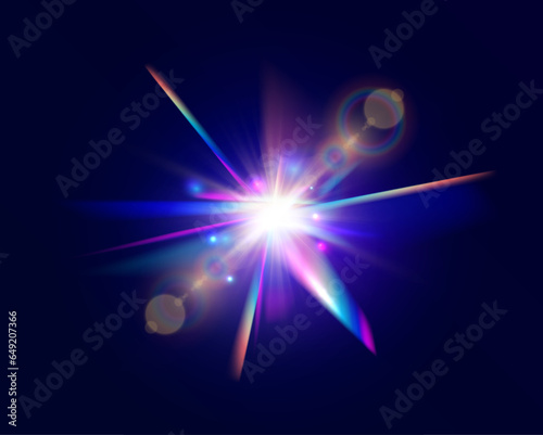A set of light flashes with a rainbow effect, superimposed on photos and videos as a filter. Transparent light refraction pattern for adding effects to backgrounds and objects. Vector illustration.	