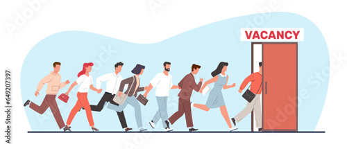 Crowd of people rush to open position at staffing agency. Running men and women in door with banner vacancy. Company hiring. Recruitment service. Cartoon flat isolated vector concept