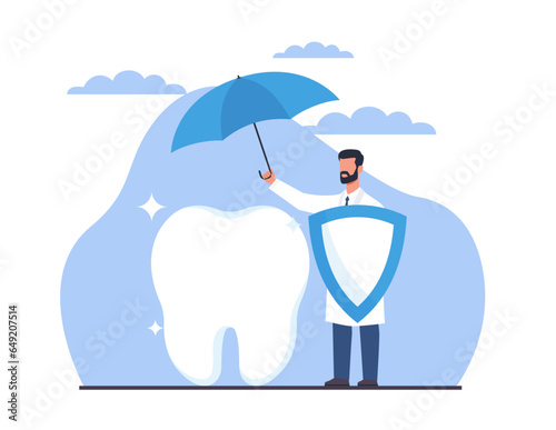 Dental insurance concept, dentist covers big white tooth from trouble with an umbrella. Tooth protection. Healthcare and medical cost. Medicine service. Vector cartoon flat isolated illustration