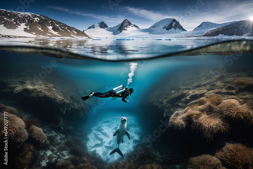 Foto einer Robbe und eines Tauchers in der Arktis. Abbildung zur Hälfte über und zur anderen Hälfte unter Wasser. Durch den Klimawandel bedrohte Natur.
