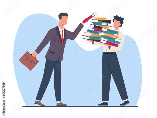 Overworked employee, boss puts lot of responsibilities on office worker. Man tired from paperwork. Demanding manager in office. Many paper work cartoon flat style isolated vector concept