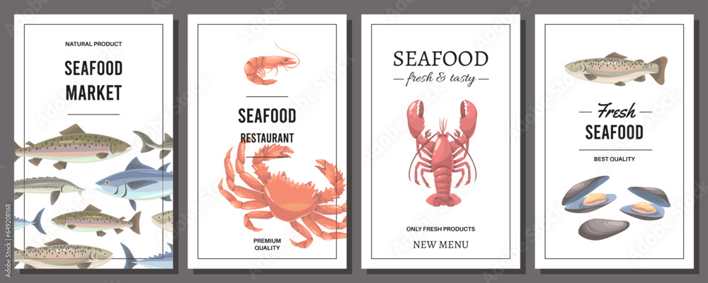 Seafood cards. Restaurant and cafe menu covers template, fresh fish, crabs and shellfish, delicious healthy food banners, oceanic products, cartoon flat isolated illustration, tidy vector set