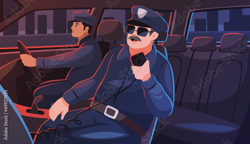 Police officers in car. Professionals in company car on mission, tracking down criminal, inspector talking on radio, man in uniform driving cartoon flat style isolated vector tidy concept