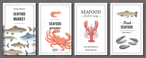 Seafood cards. Restaurant and cafe menu covers template, fresh fish, crabs and shellfish, delicious healthy food banners, oceanic products, cartoon flat isolated illustration, tidy vector set