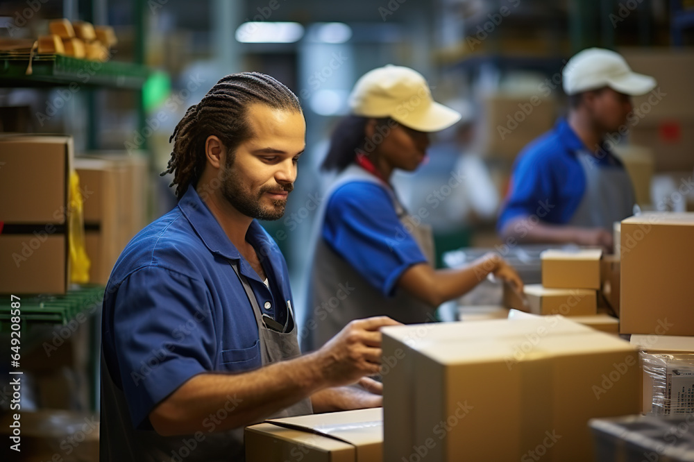 Efficient Delivery Team Candid Shot of Warehouse Workers Sorting Packages in a Bustling Post Delivery Service Center. created with Generative AI