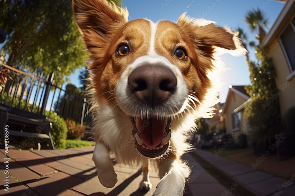 Joyful Dog’s Playful Encounter, Sniffing and Gazing Directly into the