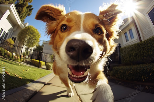 Joyful Dog's Playful Encounter, Sniffing and Gazing Directly into the Lens. created with Generative AI