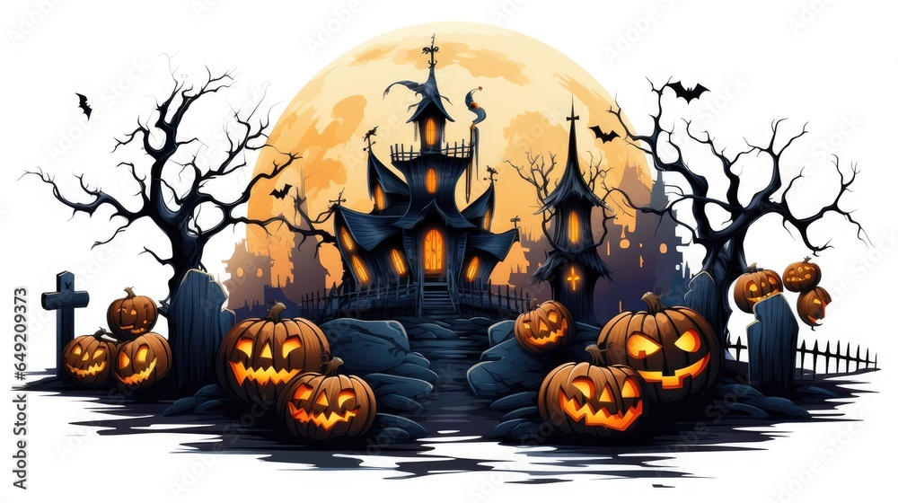 halloween castle and orange pumpkin vector pattern. halloween party border. halloween icon and character. vector illustration. halloween white background