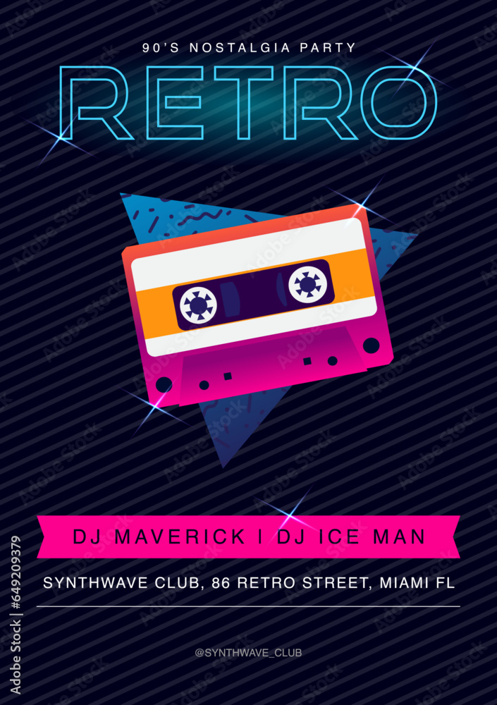 Retro flyer from 90's. Vintage vector graphic template. Poster design in 80's style for club event, music venue, DJ concert. Party festival composition. Cassette, audio tape visual. Old school.