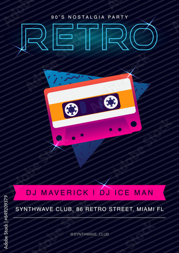 Retro flyer from 90's. Vintage vector graphic template. Poster design in 80's style for club event, music venue, DJ concert. Party festival composition. Cassette, audio tape visual. Old school. 