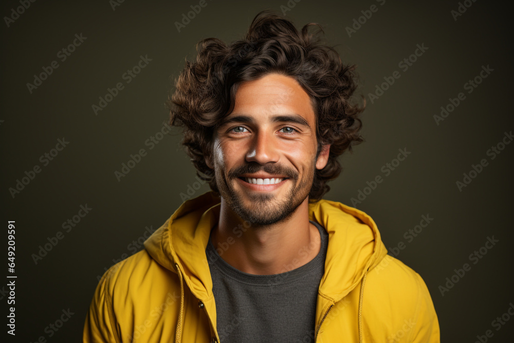 Portrait of a happy young casual man standing in front of a monocolor studio background made with AI Portrait of a happy young casual man standing in front of a monocolor studio background made with AI