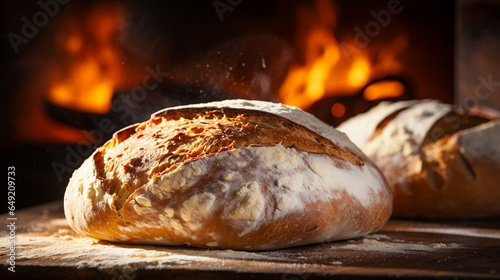 loaf of bread on the table right out of the oven, food photography style, bakery advertisement, artisan bread