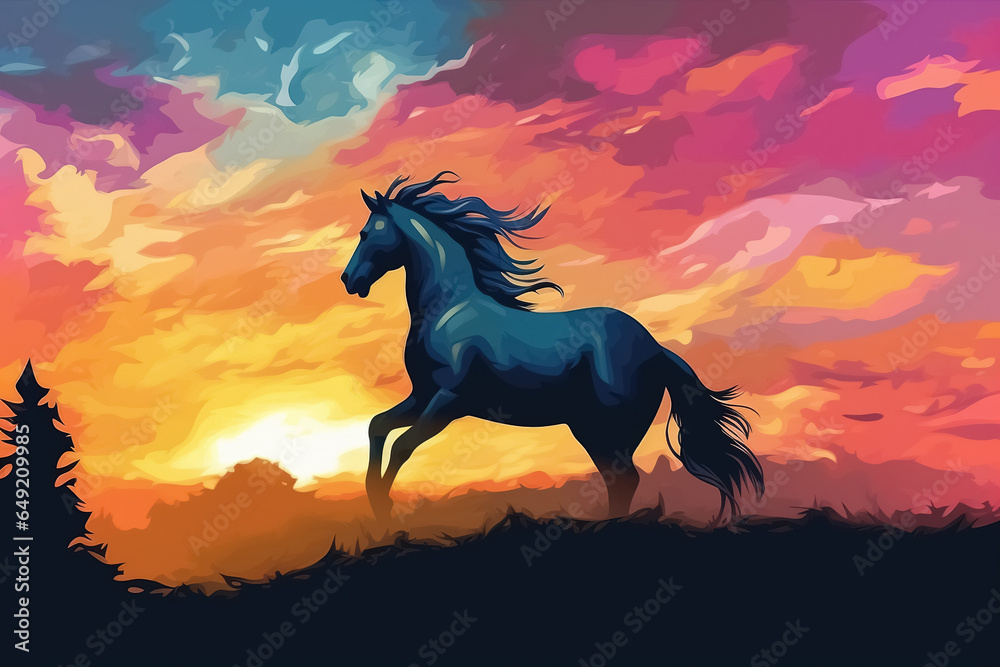 horse silhouette at sunset. Generative Ai horse silhouette at sunset. Generative Ai