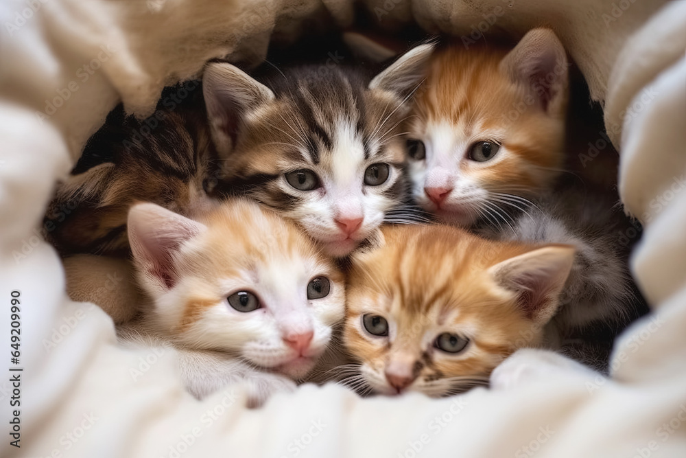 Group kittens sitting on cat towel. Generative Ai