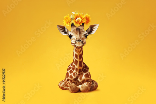 adorable giraffe with flower crown on yellow background. Generative Ai