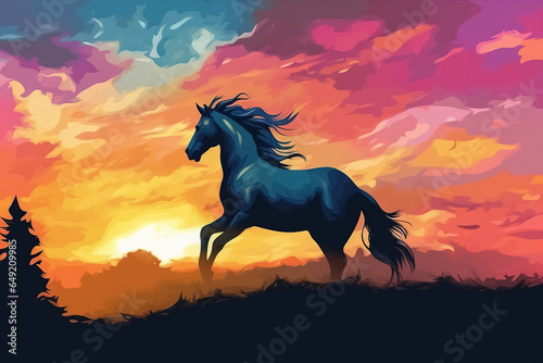 horse silhouette at sunset. Generative Ai