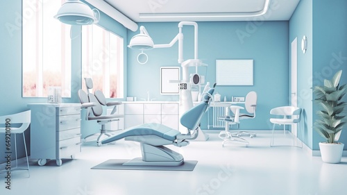 Interior of modern dental clinic with blue walls and dentistry equipment. 3d rendering photo