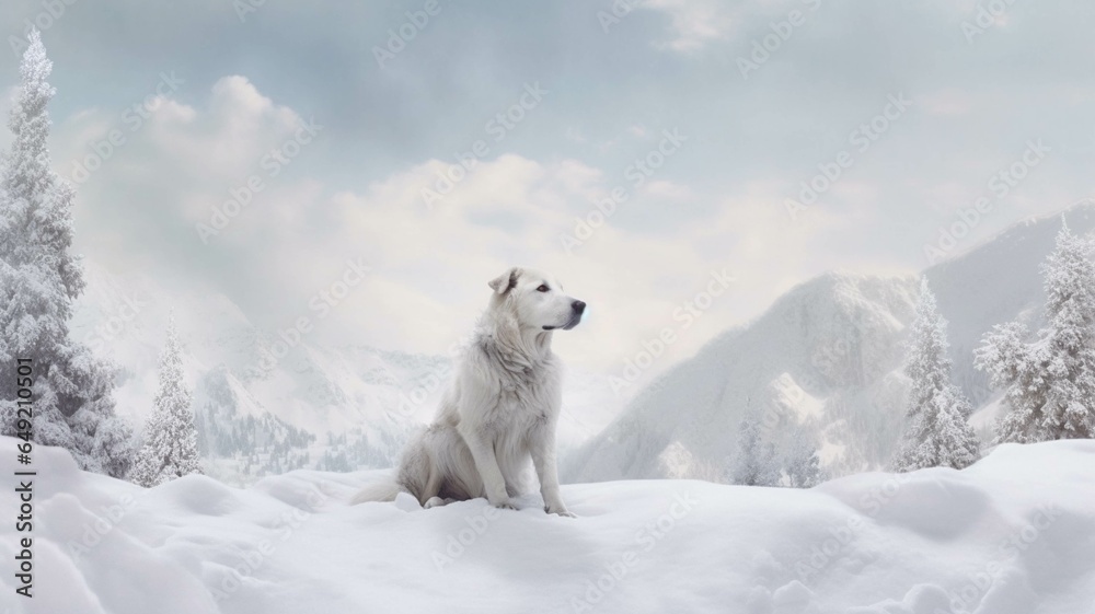 Naklejka premium Samoyed dog in the snowy mountains. Beautiful winter landscape.