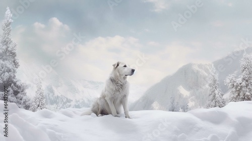 Samoyed dog in the snowy mountains. Beautiful winter landscape.